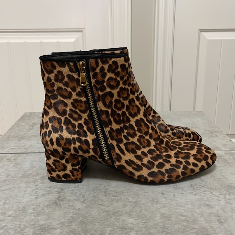 Genuine calf-hair leather 1.5 “ block heel bootie. Gold side zipper